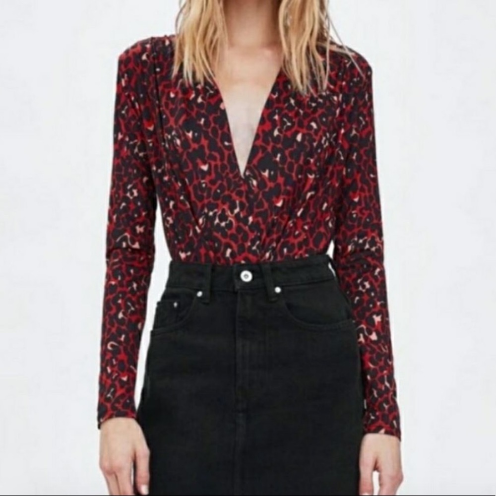 Zara Red Leopard Print Long Sleeve Bodysuit